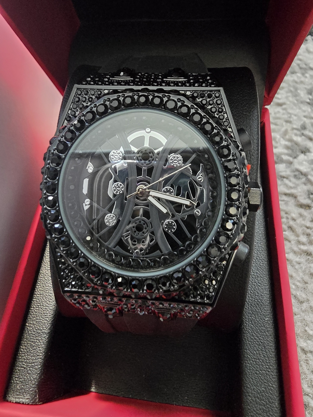 Men's Black Crystal Accent Skeleton Dial Watch